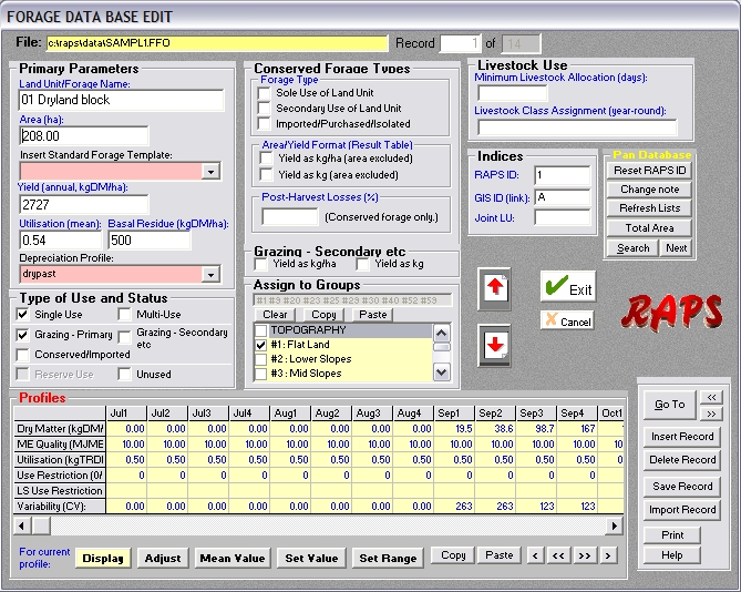RAPS Editor Forage Edit Screen