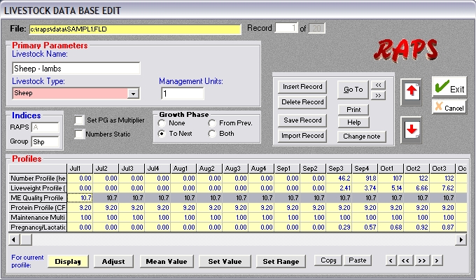 RAPS Editor Livestock Edit Screen